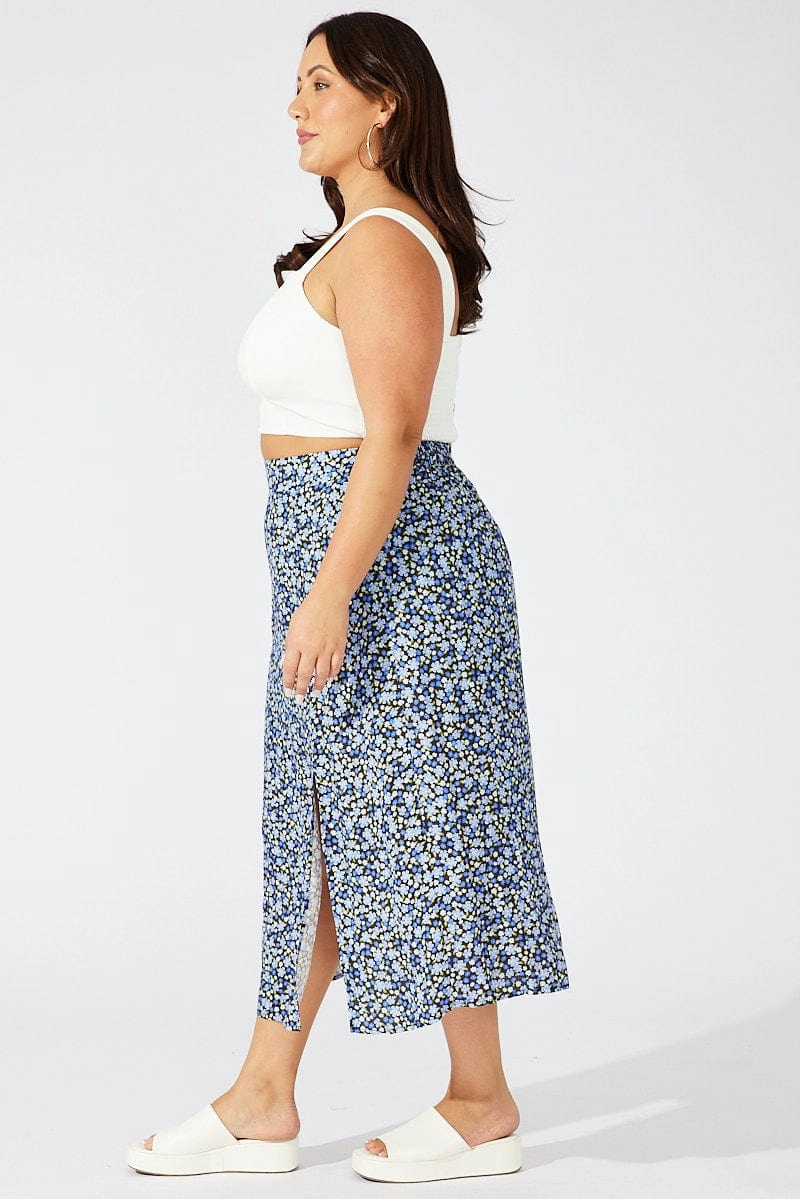 muted tone Multi Ditsy Split Rayon Midi Skirt