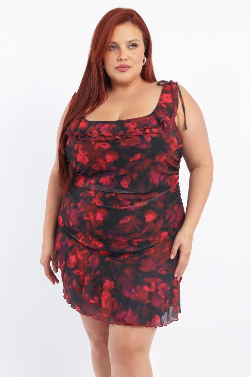 Multi Floral Mesh Mini Dress Off Shoulder Ruched Sides High-waisted evening piece