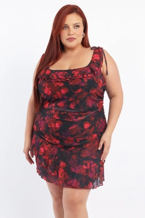 Multi Floral Mesh Mini Dress Off Shoulder Ruched Sides High-waisted evening piece