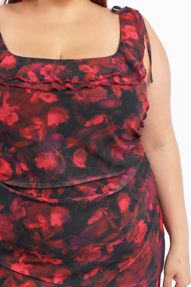Dew Glow Clean Mood Multi Floral Mesh Mini Dress Off Shoulder Ruched Sides