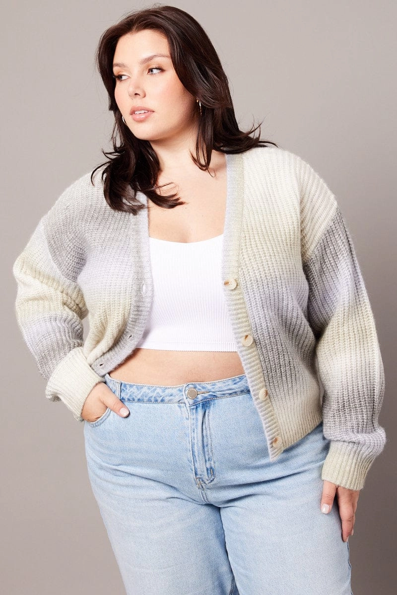Rubberized Edging Seamless Shoulder Design Multi Knit Cardigan V-neck