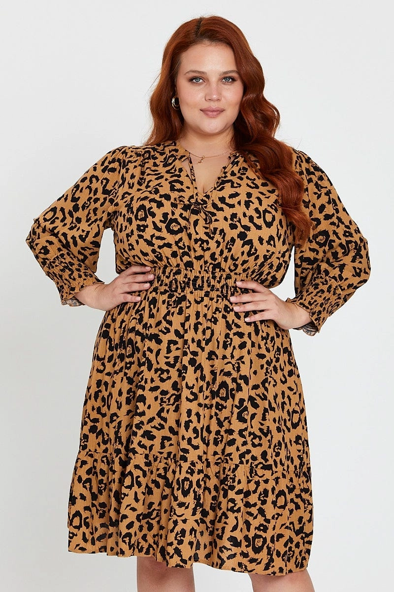 High-Neck Soft Shine Animal Print Midi Dress V-neck Long Sleeve