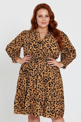 High-Neck Soft Shine Animal Print Midi Dress V-neck Long Sleeve