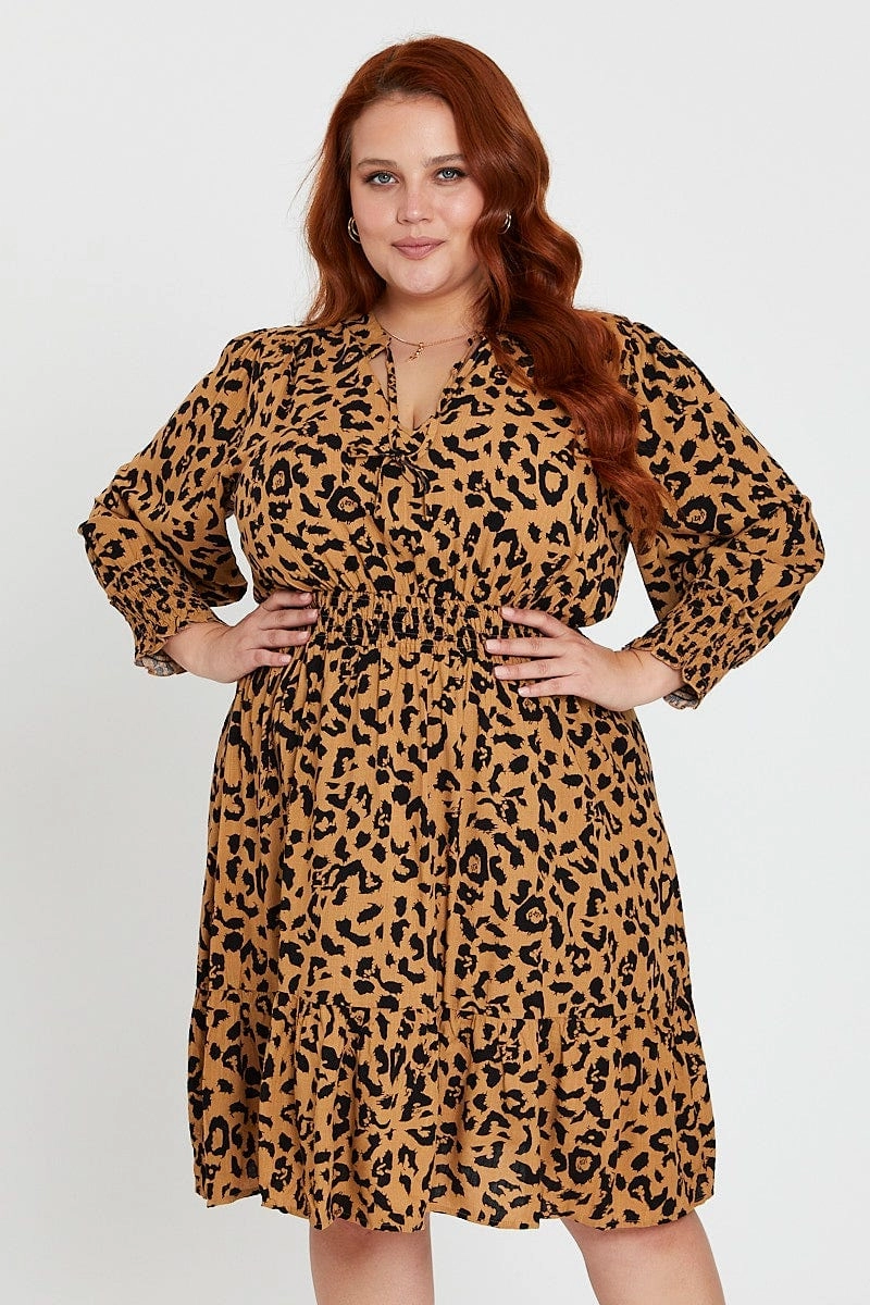 Animal Print Midi Dress V-neck Long Sleeve Classic Motion Country View