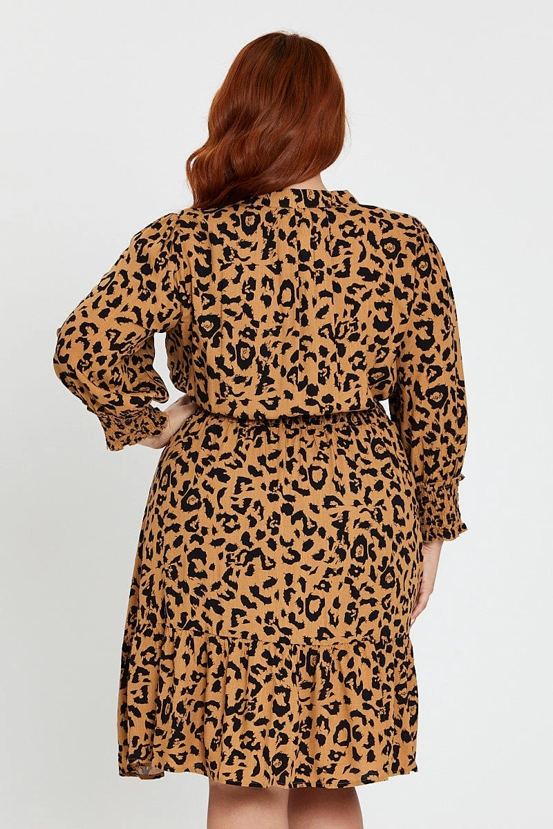 Gentle Drape Daytime Mood Animal Print Midi Dress V-neck Long Sleeve