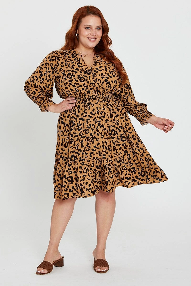 Animal Print Midi Dress V-neck Long Sleeve Flare Breeze Soft Weave