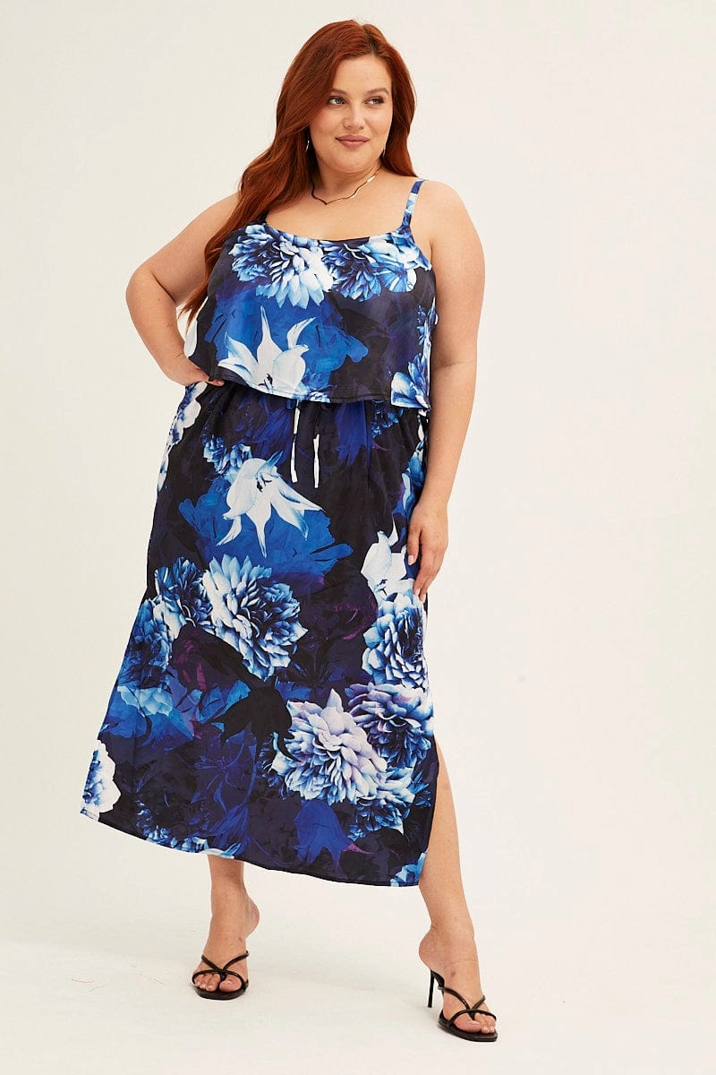 Blue Abstract Midi Dress Sleeveless Side Split Satin summer look Classic-style