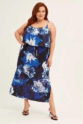 Blue Abstract Midi Dress Sleeveless Side Split Satin summer look Classic-style