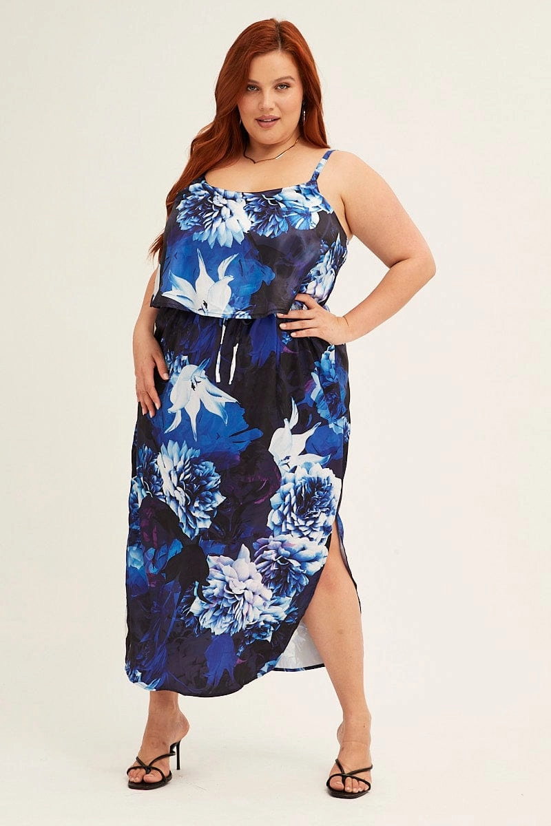 Cool Fabric Blue Abstract Midi Dress Sleeveless Side Split Satin