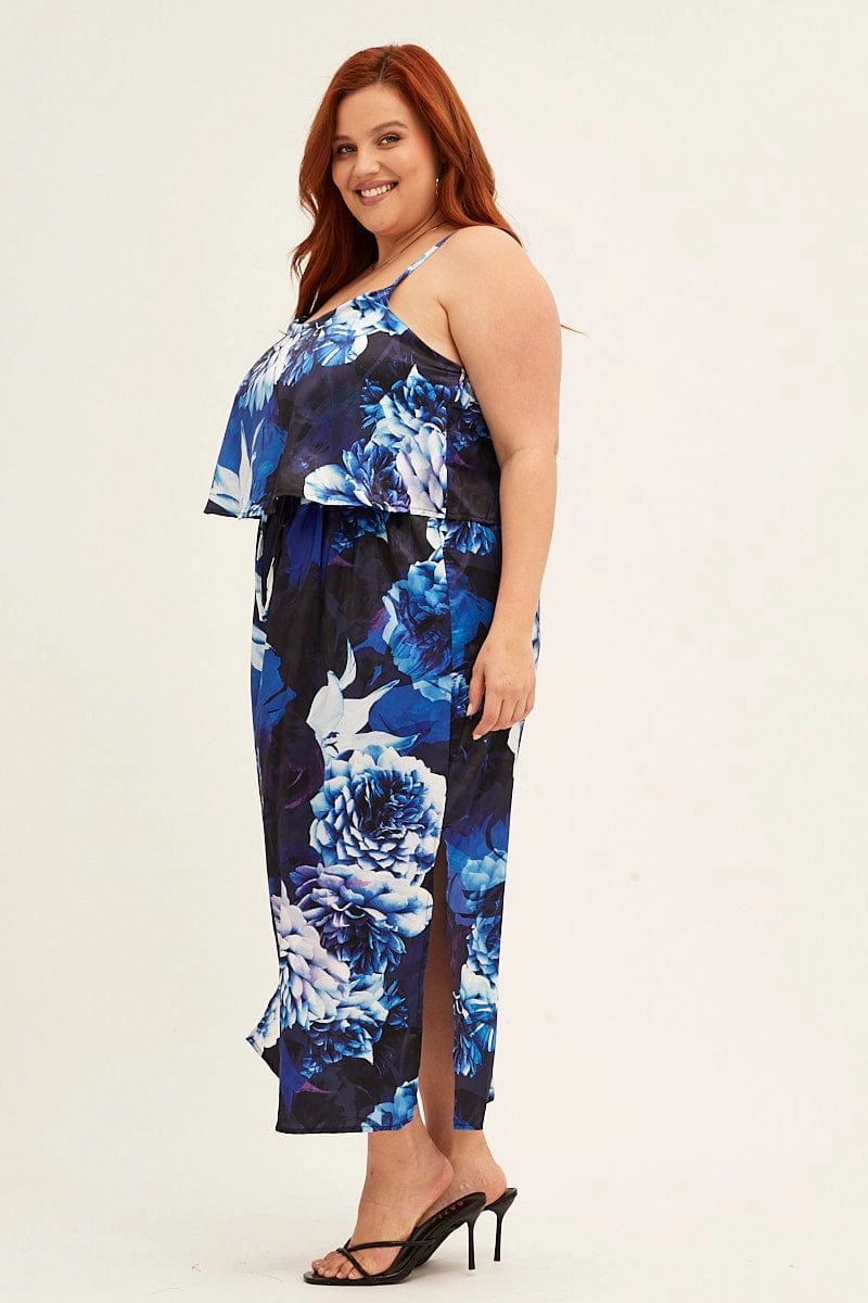 Blue Abstract Midi Dress Sleeveless Side Split Satin Pastel Sky