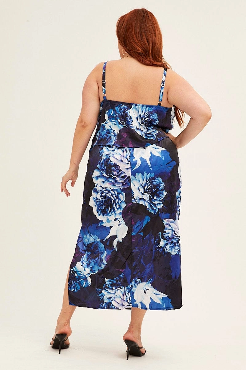 Blue Abstract Midi Dress Sleeveless Side Split Satin Light Shape