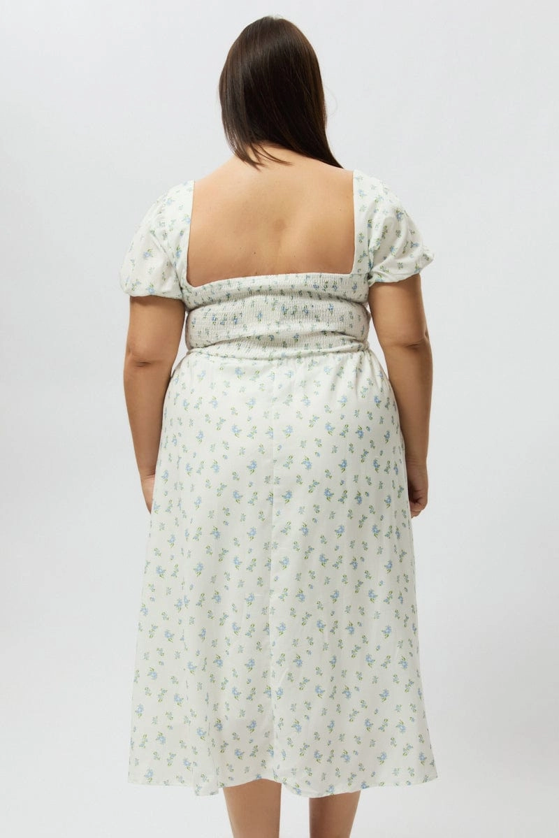 Blue Ditsy Midi Dress Short Sleeve Ruched Bust Sophisticated Look Slimming Shape