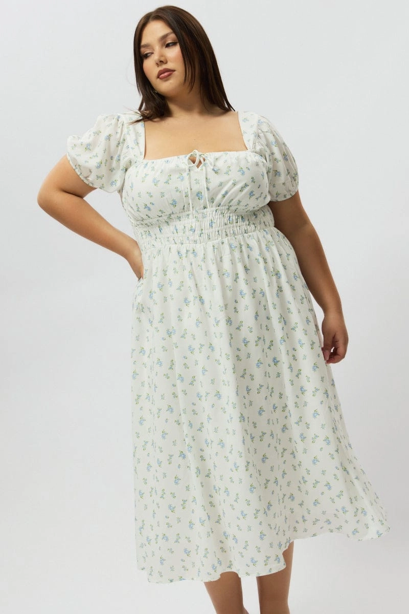Stylish Fit Pure Motion Blue Ditsy Midi Dress Short Sleeve Ruched Bust