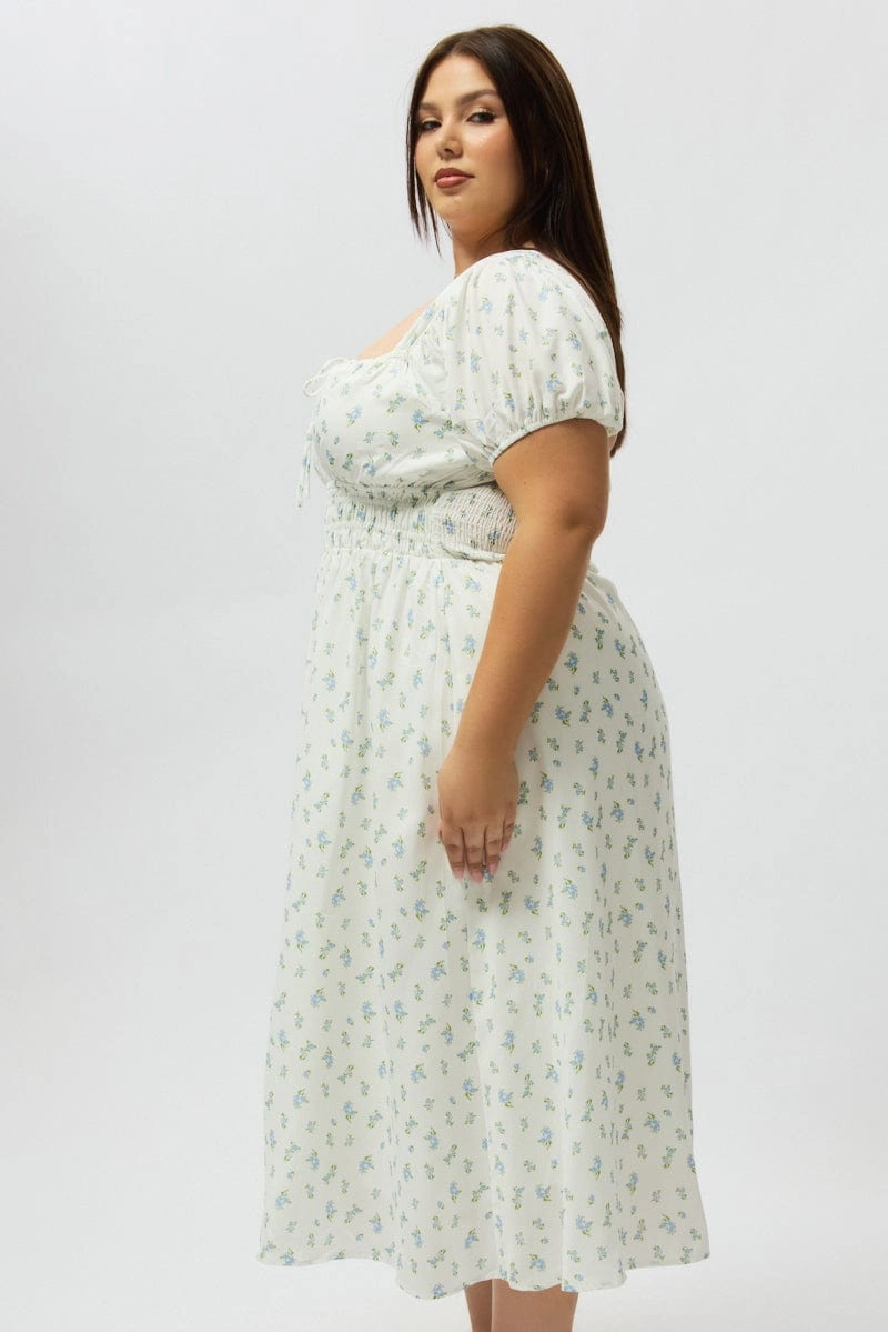 Blue Ditsy Midi Dress Short Sleeve Ruched Bust Ethically-Made