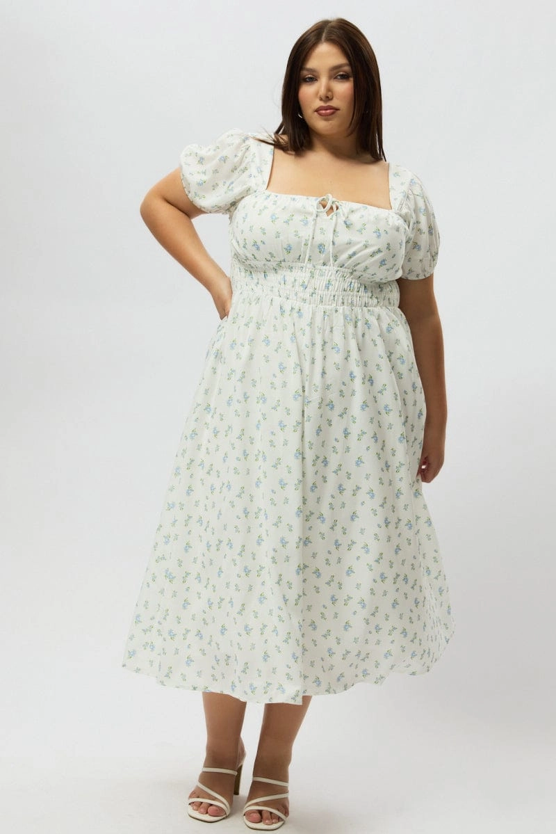 ContrastStitching Blue Ditsy Midi Dress Short Sleeve Ruched Bust