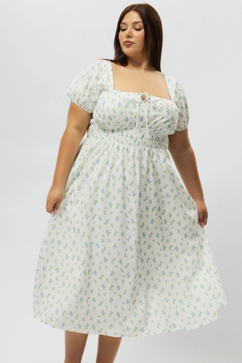 Blue Ditsy Midi Dress Short Sleeve Ruched Bust Stylish Silhouette Grace Soft