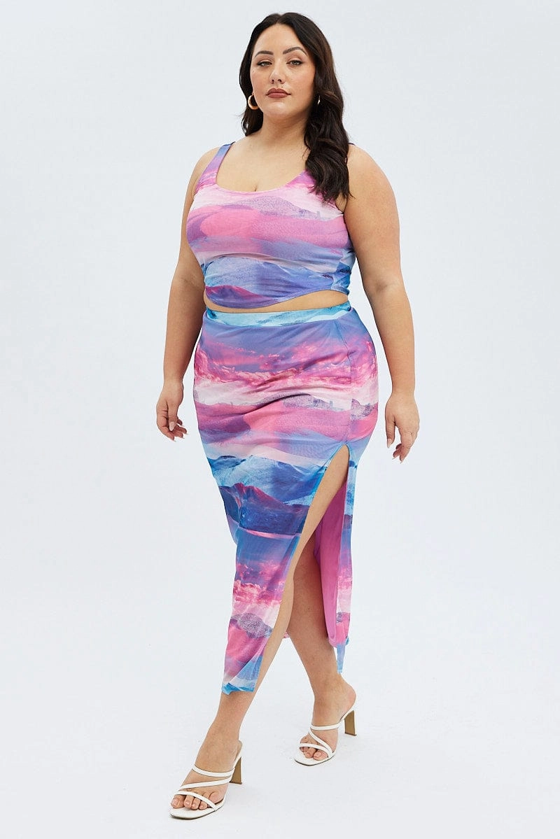 Seasonal Drop Multi Print Long Skirt Mesh Landscape Print