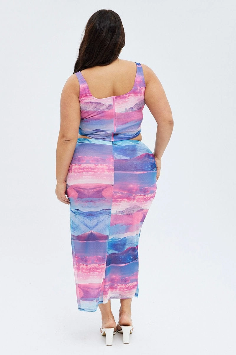 Multi Print Long Skirt Mesh Landscape Print Comfy Wear Soft Aesthetic