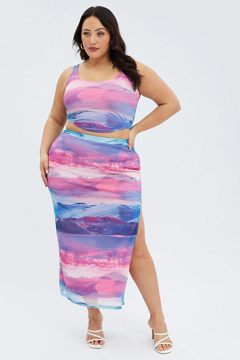 Multi Print Long Skirt Mesh Landscape Print Retro Style Twist Front