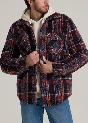 Tall Men's Sherpa Shirt Jacket in Burgundy and Navy Plaid BreathableBackVents Anti Pilling Treatment
