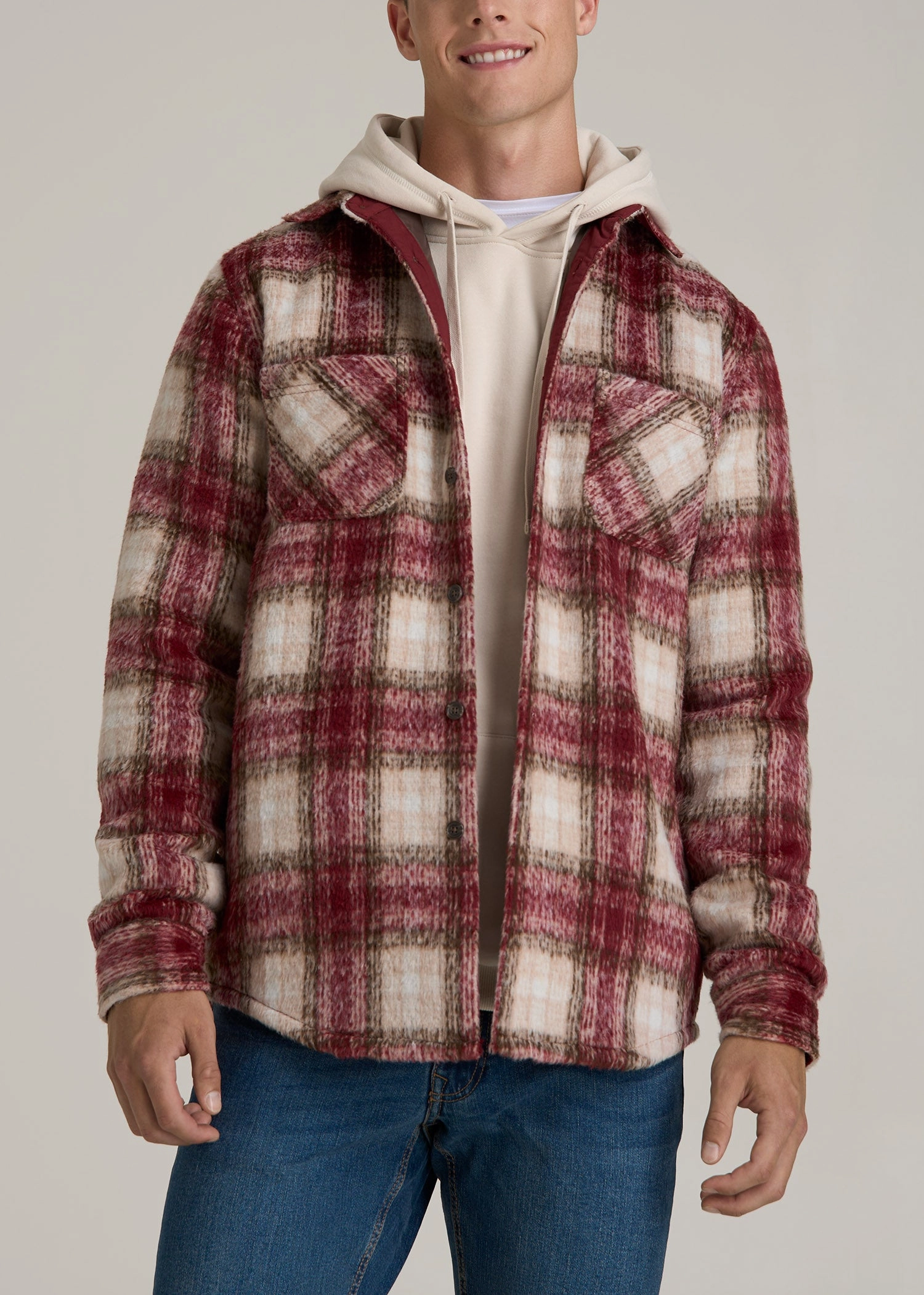 Brushed Flannel Overshirt for Tall Men in Ecru and Red Plaid FlexibleSole