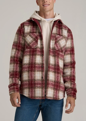 Wrinkle Resistant Weave Brushed Flannel Overshirt for Tall Men in Ecru and Red Plaid
