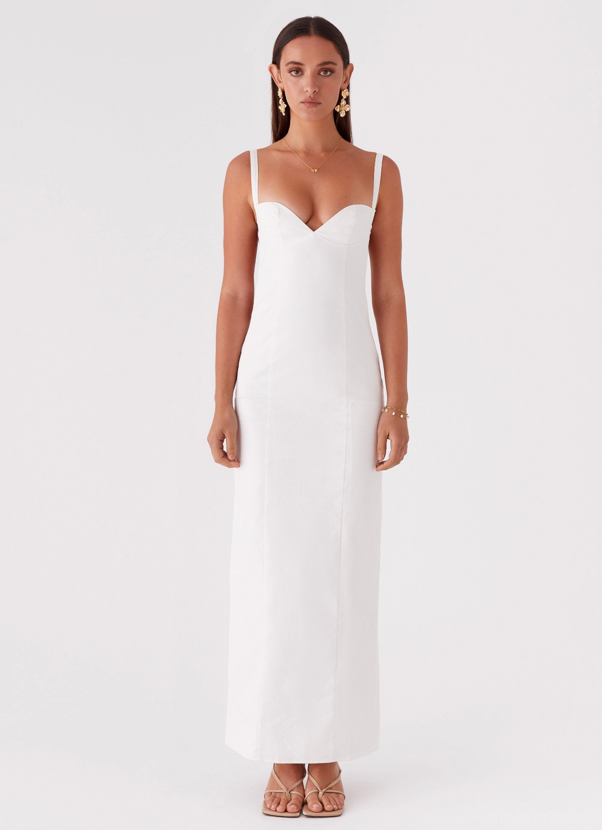 Naomi Backless Maxi Dress - Off White Bold Style Tonal-Stitching