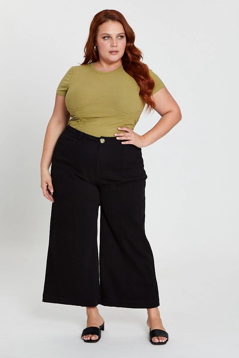 Side slits Flex Foam Inserts Black High Waist Stretch Wide Leg Pant