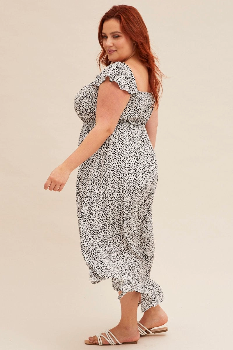 Winter-Season Animal Print Midi Dress Short Sleeve Shirred Off Shoulder