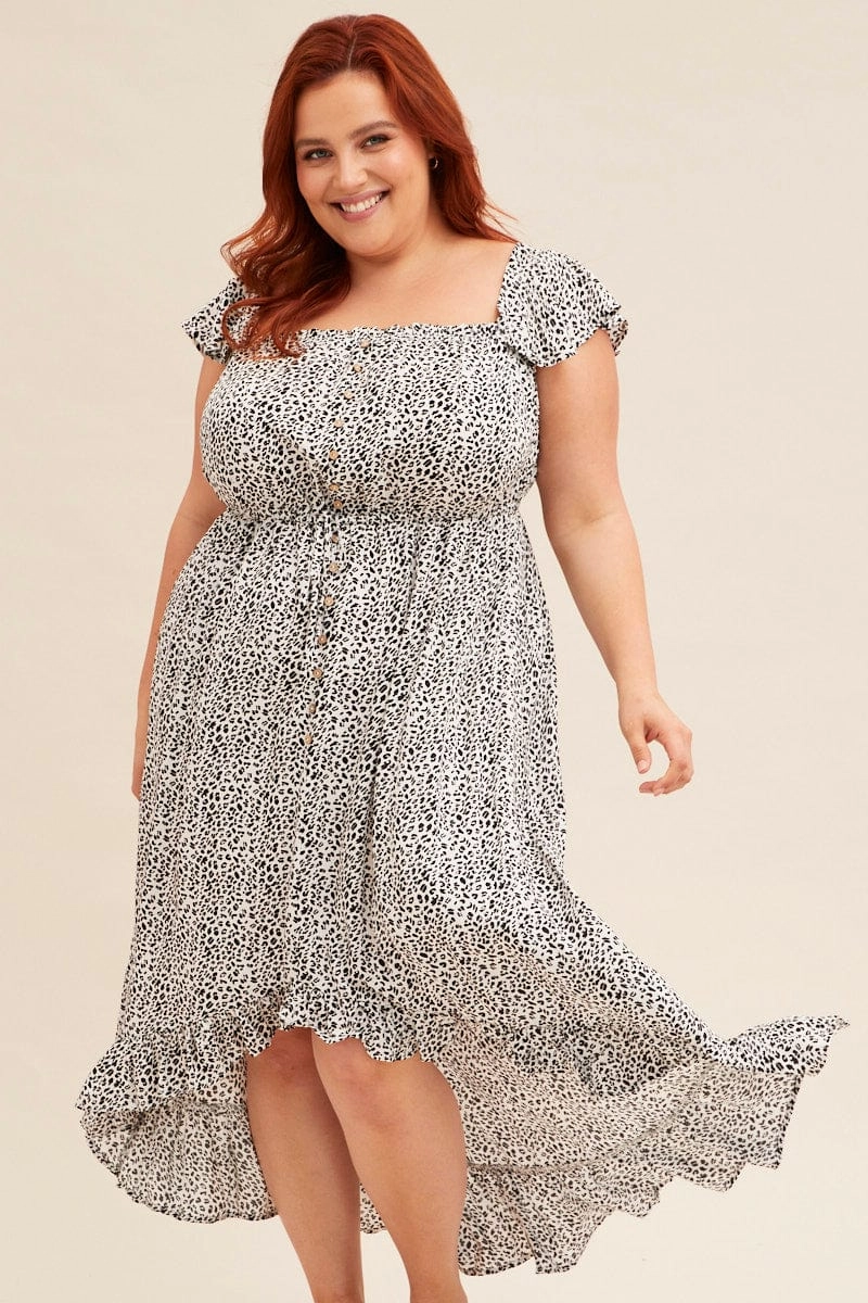 Maximalist-Trend London Cool Animal Print Midi Dress Short Sleeve Shirred Off Shoulder