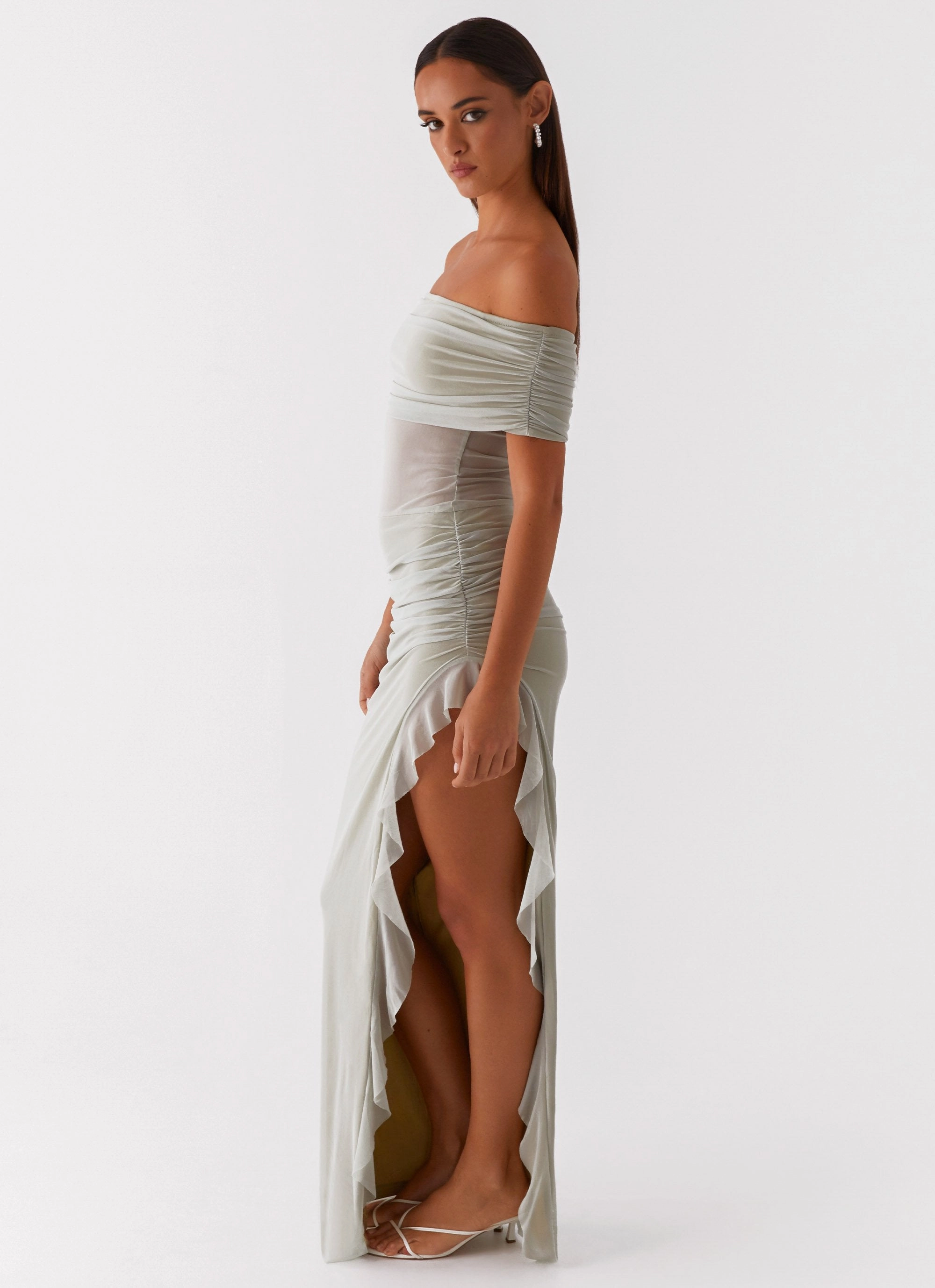 Social Charm Scoop-Neck Nelly Off Shoulder Maxi Dress - Pistachio