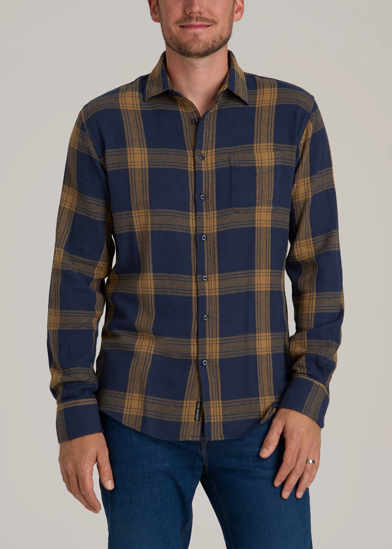 Nelson Flannel Shirt for Tall Men in Blue Tartan Raglan Sleeve Snag Resistant Surface