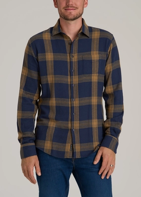Nelson Flannel Shirt for Tall Men in Blue Tartan WrinkleFree Weave QuickReleaseFastenings