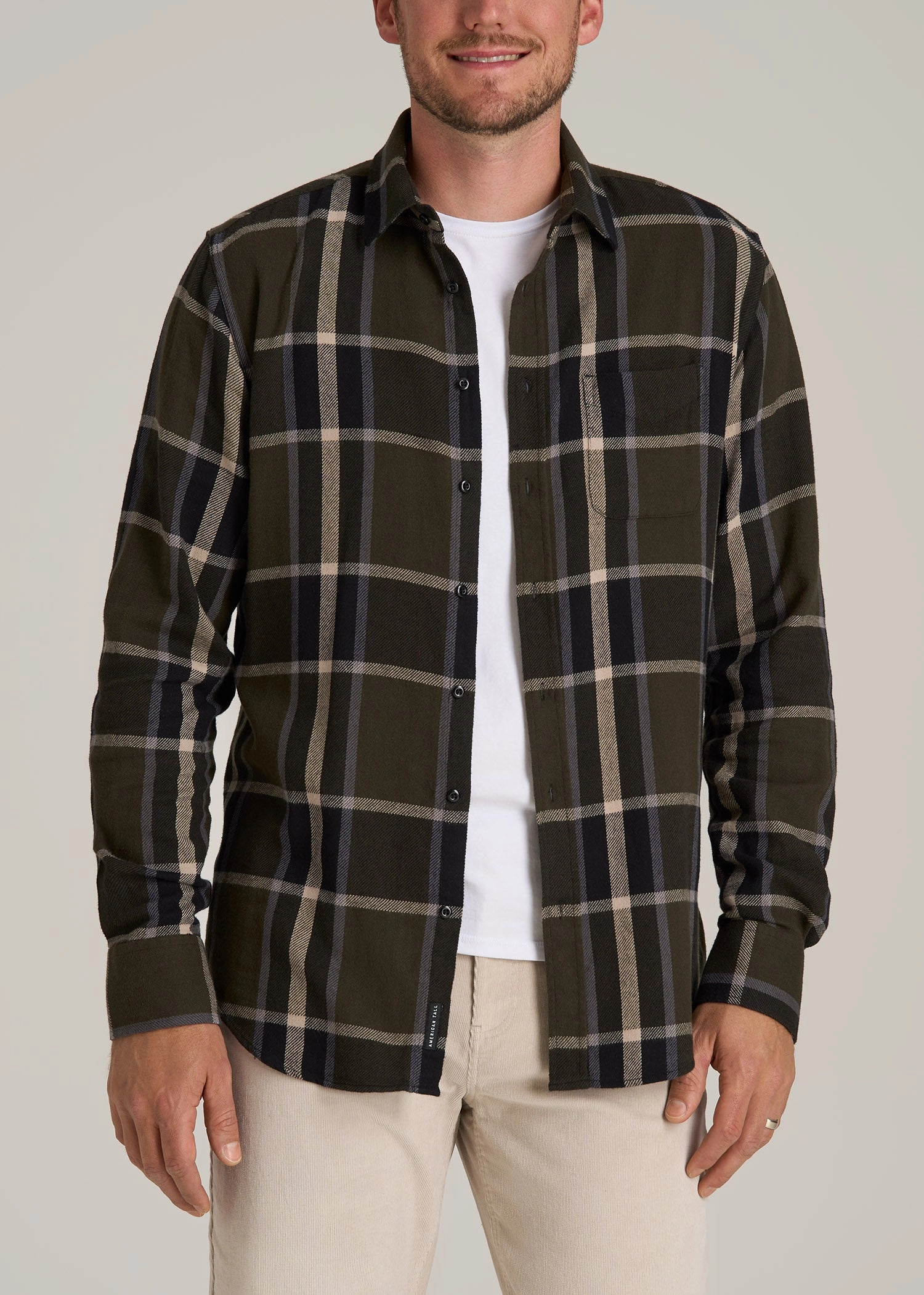 Nelson Flannel Shirt for Tall Men in Olive Plaid FoldableFeature