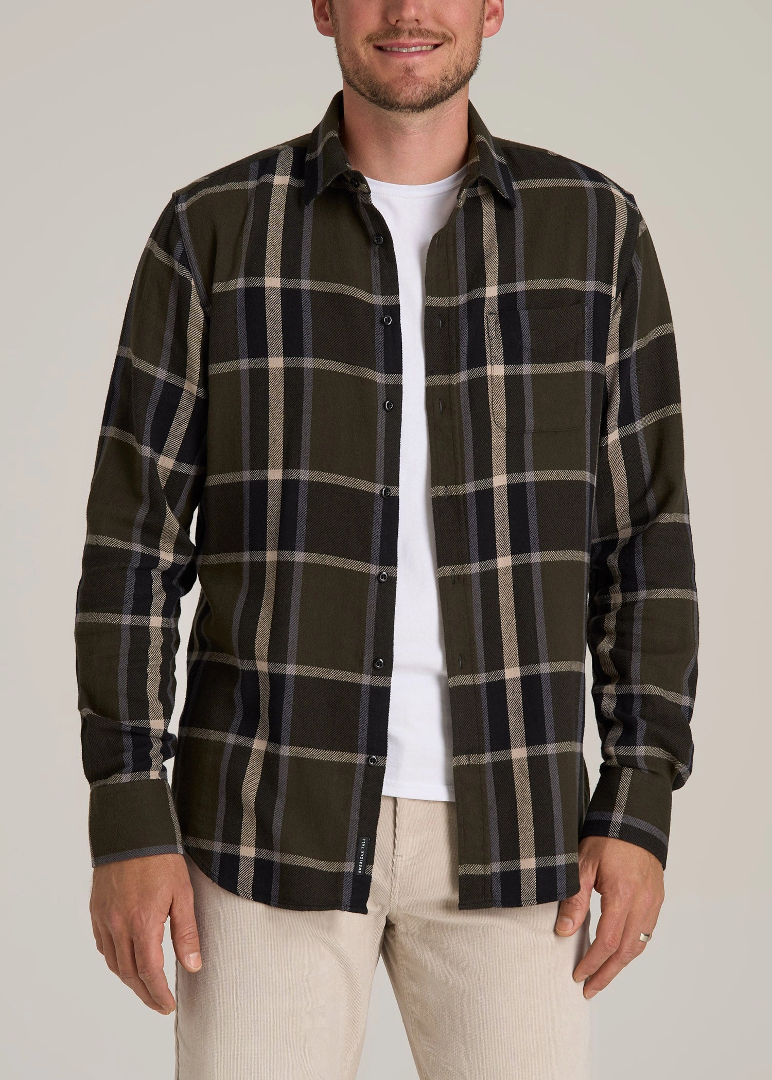 Nelson Flannel Shirt for Tall Men in Olive Plaid ElasticEdgeBinding