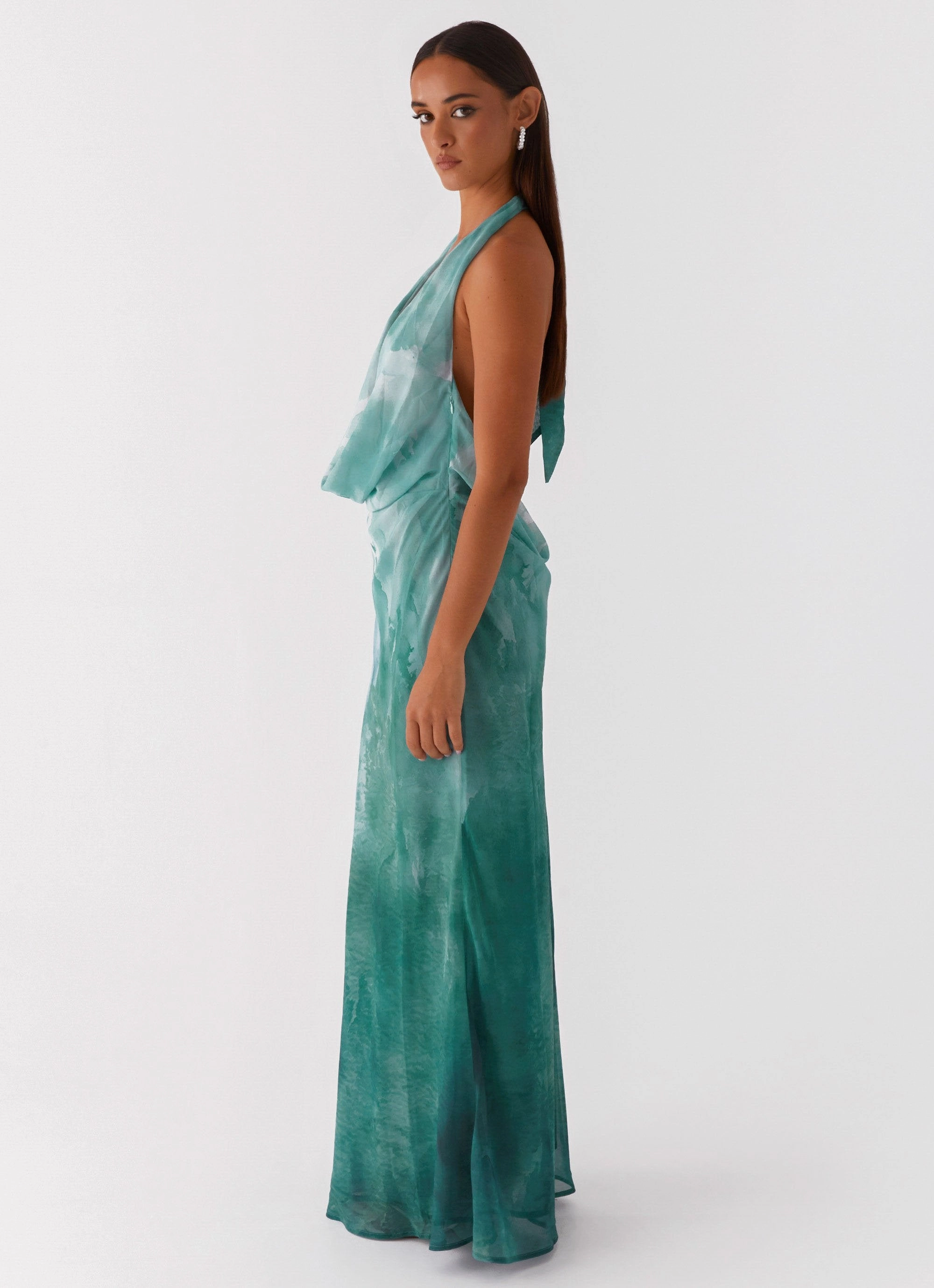 Nerissa Cowl Neck Maxi Dress - Green Tie Dye Scalloped-Edge