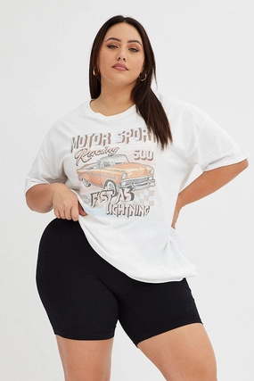White Graphic T-shirt Car Print Oversized Cotton V neck