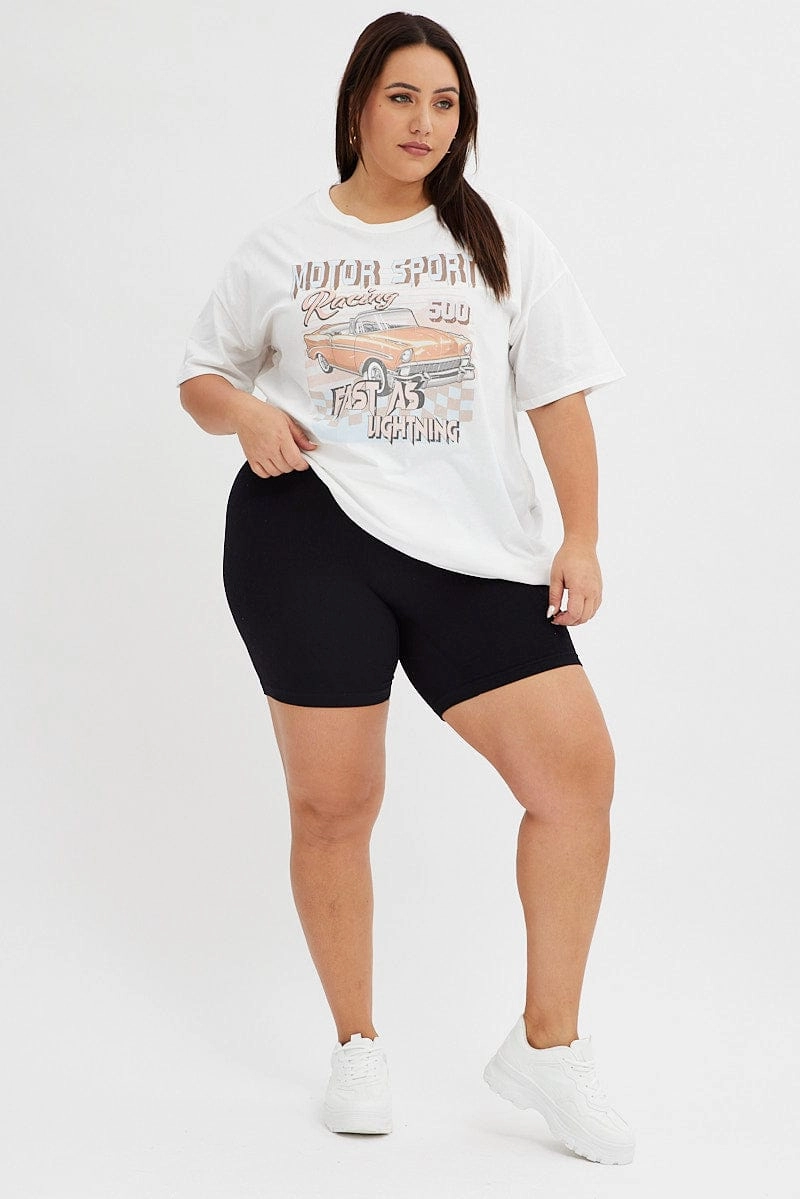 White Graphic T-shirt Car Print Oversized Cotton Sporty and Cool anniversary