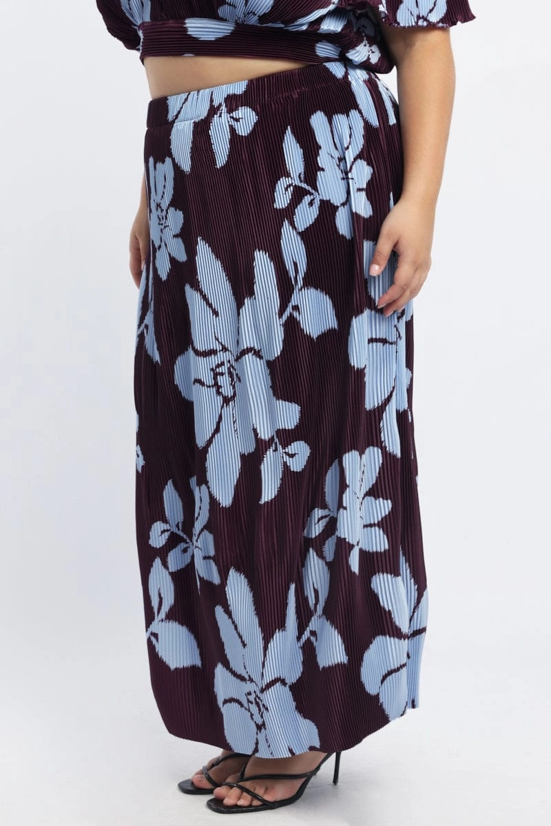Purple Abstract Plisse Pleated Floral Print Maxi Skirt Ventilated Panels