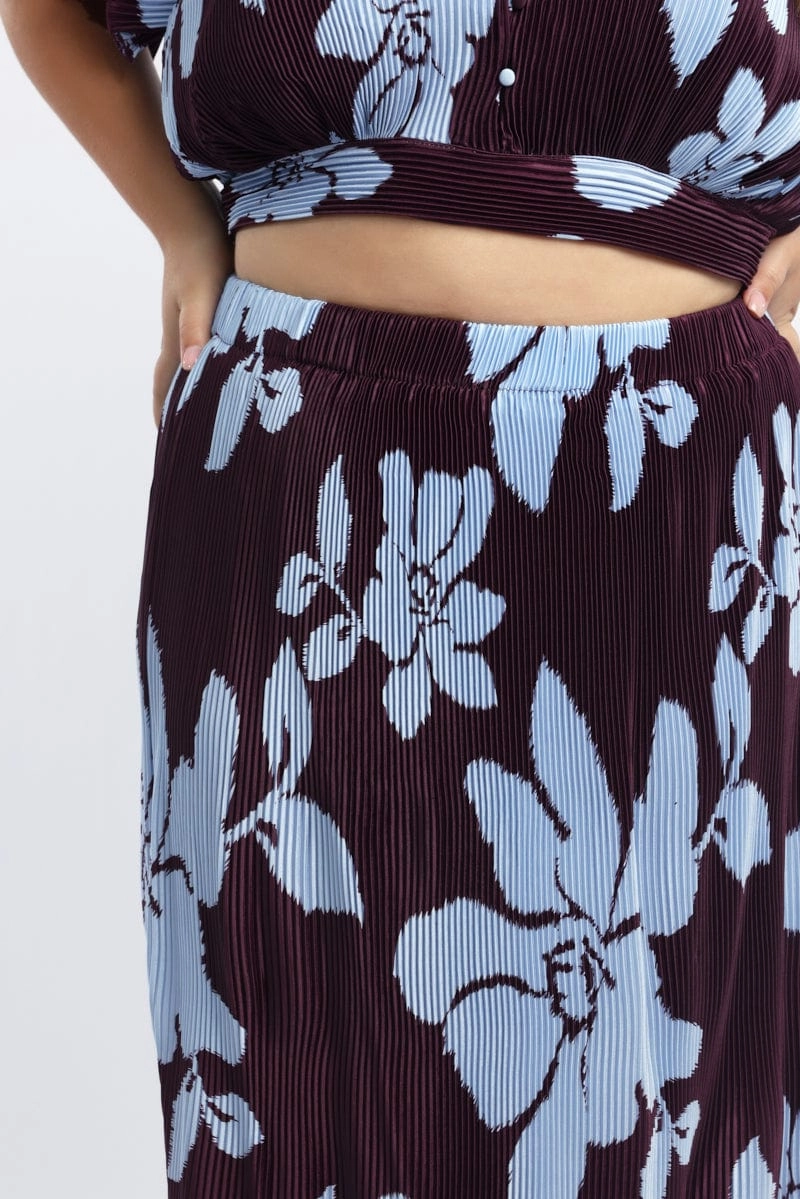 Side Pockets Smart Fit Purple Abstract Plisse Pleated Floral Print Maxi Skirt