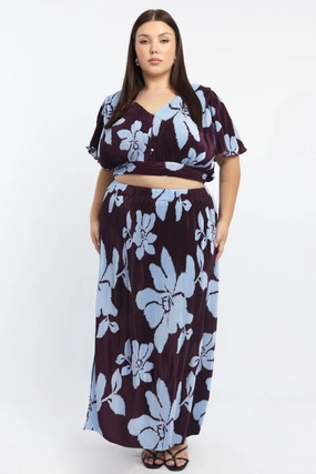 Purple Abstract Plisse Pleated Floral Print Maxi Skirt All Day