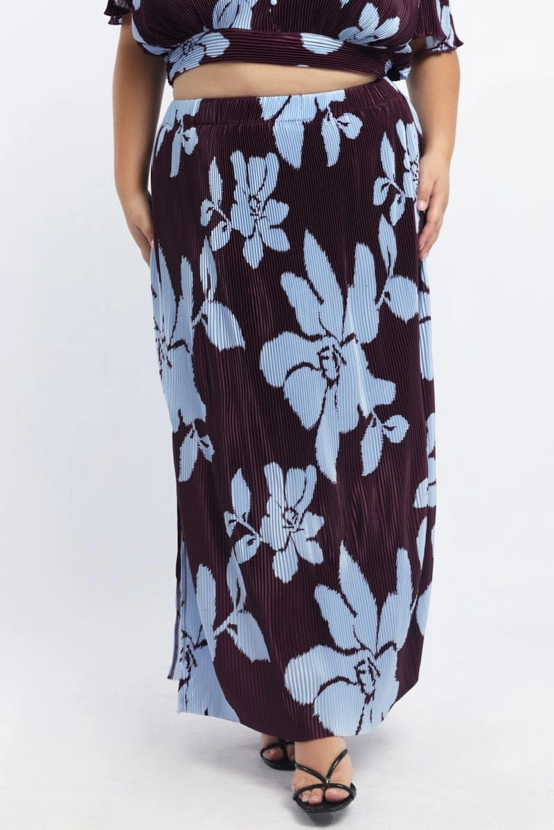 Purple Abstract Plisse Pleated Floral Print Maxi Skirt Sleek Styling