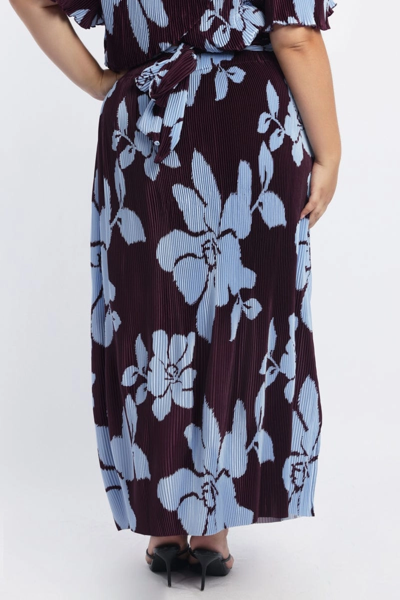 Resort Vacation Maternity Friendly Purple Abstract Plisse Pleated Floral Print Maxi Skirt