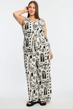 Stretch Layer Fit RecycledPolyester White Abstract Elastic Waist Linen Blend Wide Leg Pants
