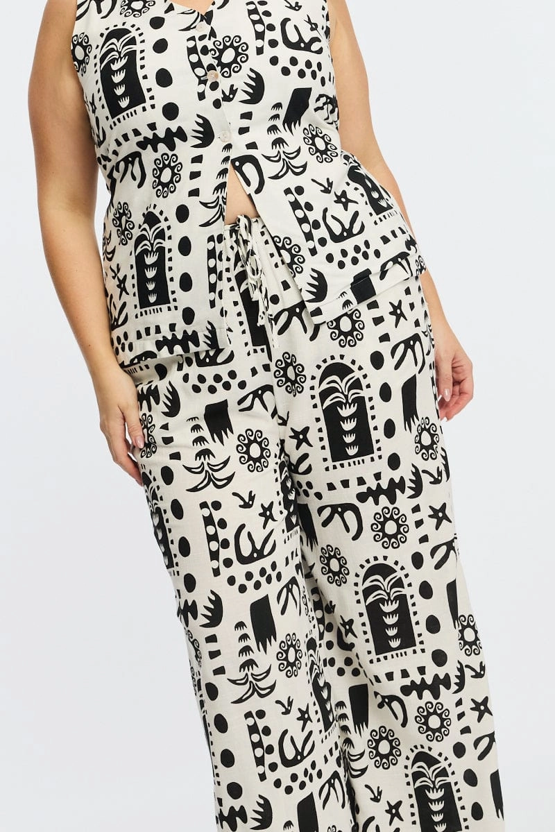 White Abstract Elastic Waist Linen Blend Wide Leg Pants UVProtectionCoating Stretch Layer Fit
