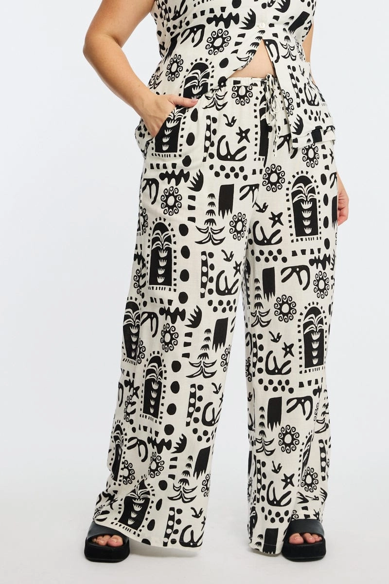 Versatile Waist White Abstract Elastic Waist Linen Blend Wide Leg Pants