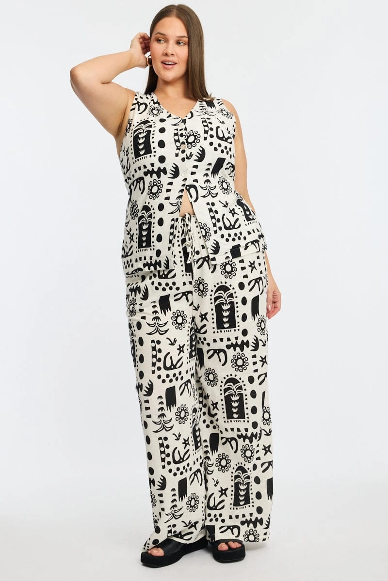 Stretch Layer Fit RecycledPolyester White Abstract Elastic Waist Linen Blend Wide Leg Pants