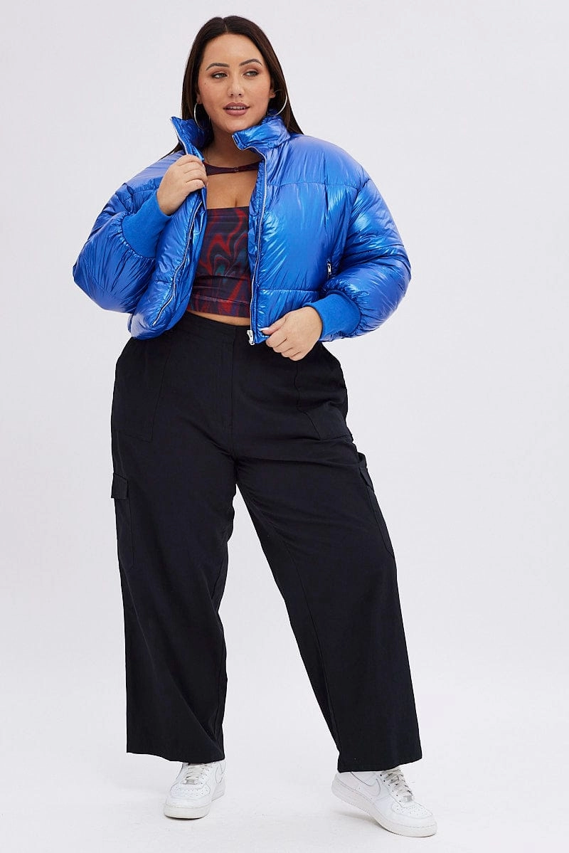 Compression Fit Technology Blue Puffer Jacket Shiny Wet Look Lined Cropped