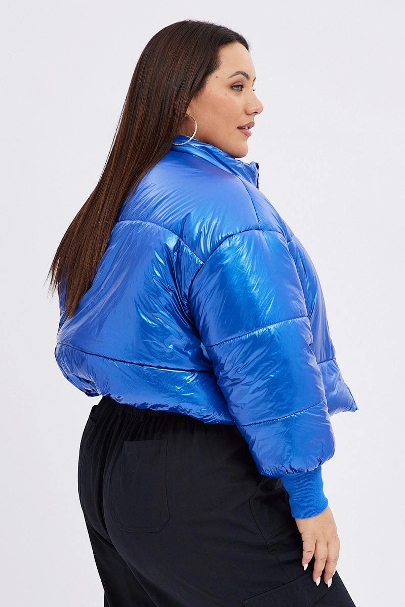 Blue Puffer Jacket Shiny Wet Look Lined Cropped City Ready Simple Modern Piece