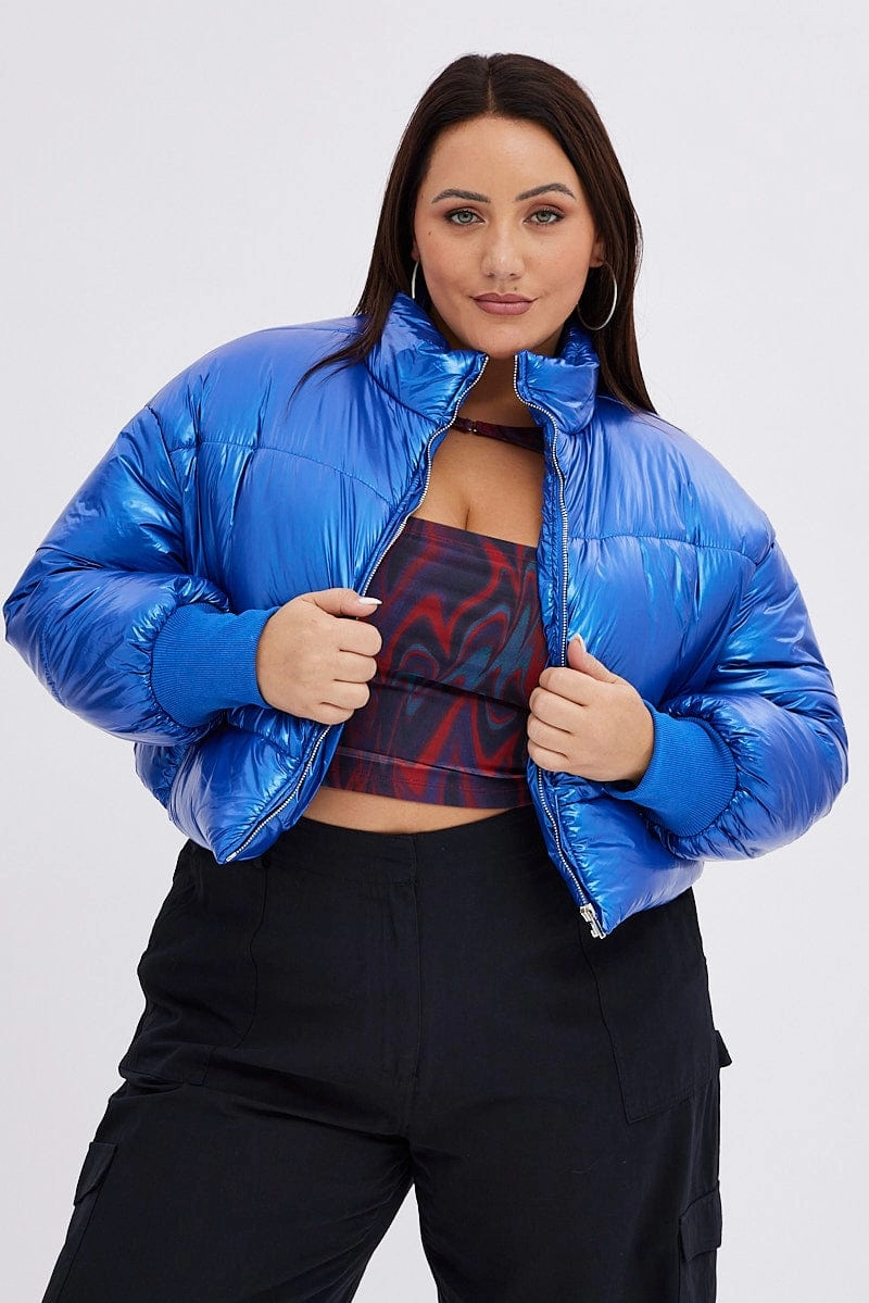 Active Urban Layer Blue Puffer Jacket Shiny Wet Look Lined Cropped